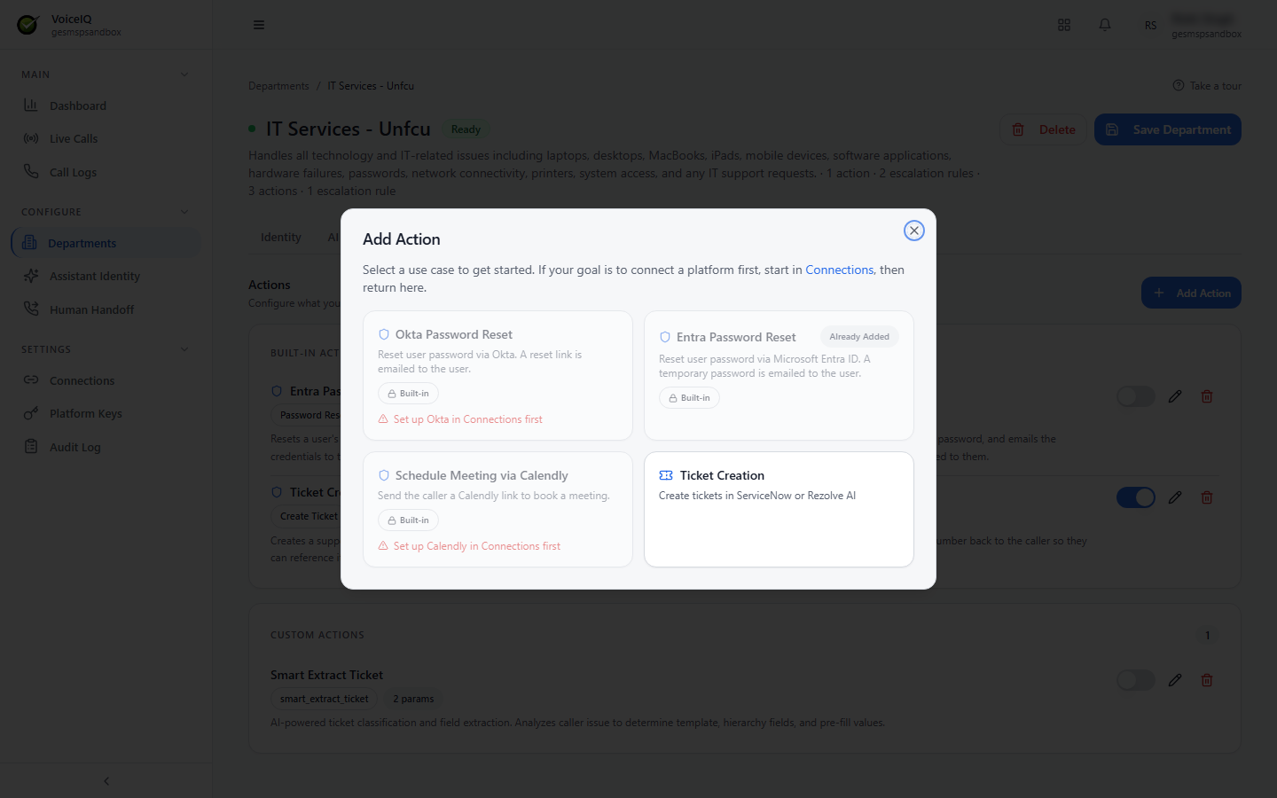 Add Action dialog showing the Okta Password Reset, Entra Password Reset, Schedule Meeting via Calendly, and Ticket Creation use cases