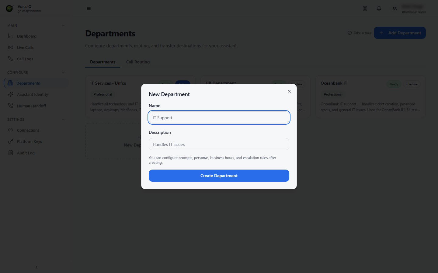 New Department dialog with Name and Description fields and a Create Department button