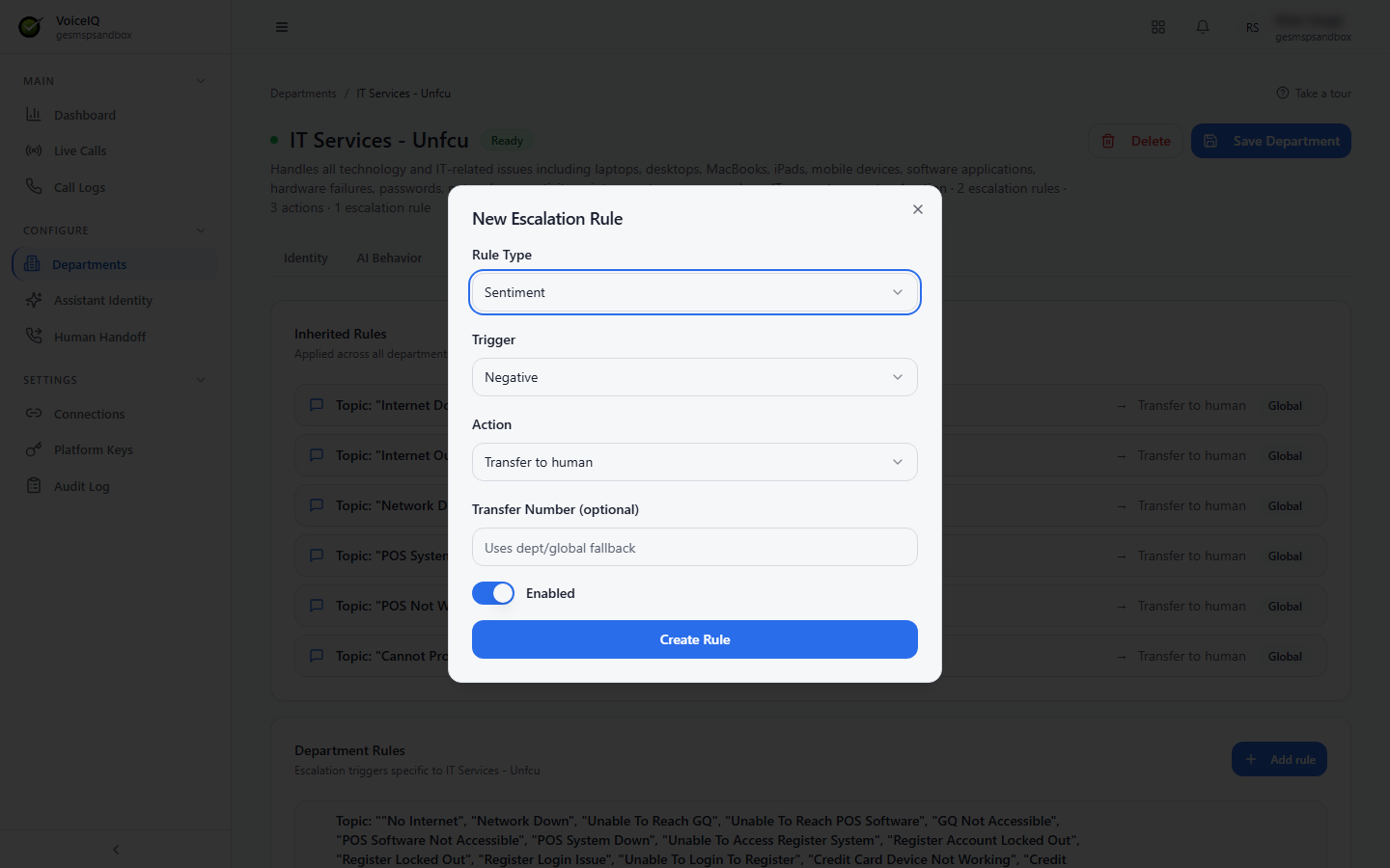 New Escalation Rule dialog with Rule Type, Trigger, Action, Transfer Number (optional), and Enabled fields and a Create Rule button
