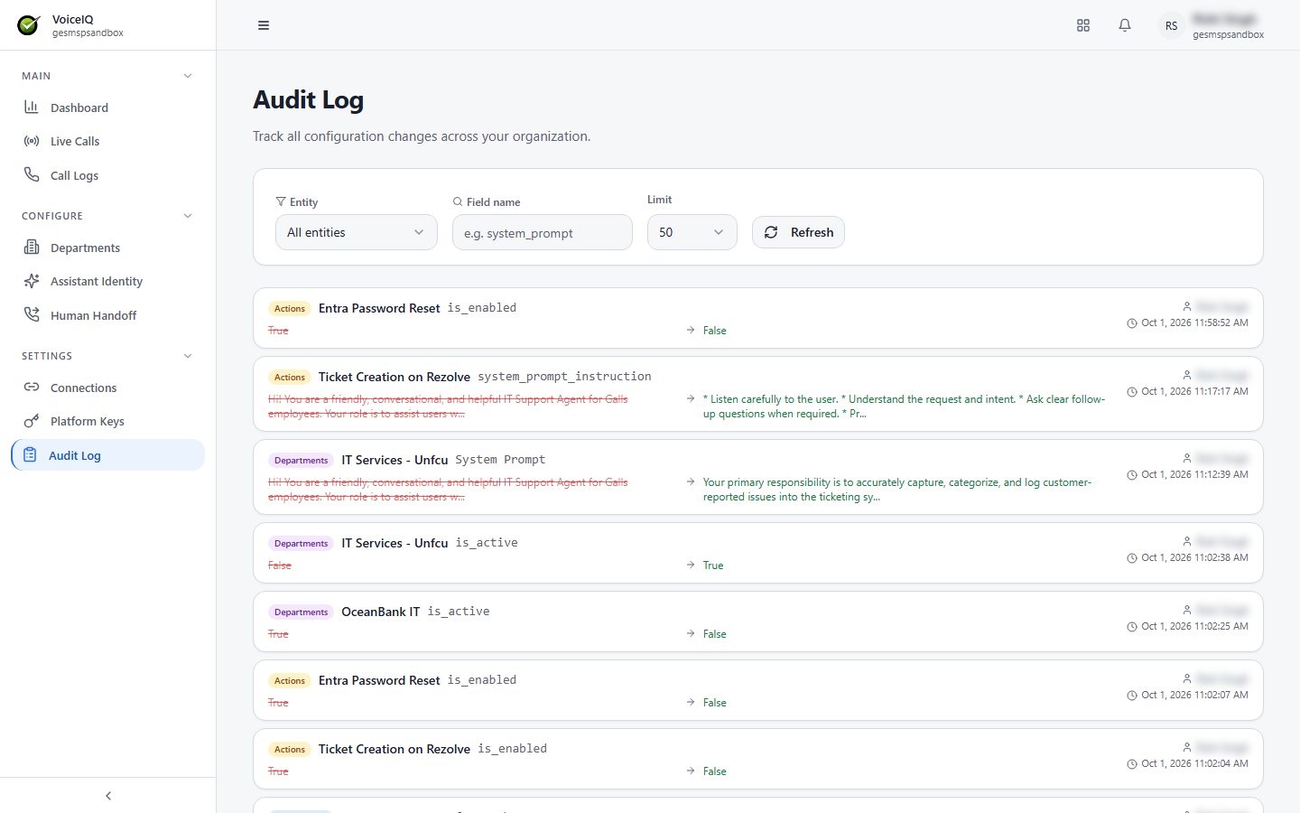 Audit Log page listing configuration changes with Entity, Field name, and Limit filters