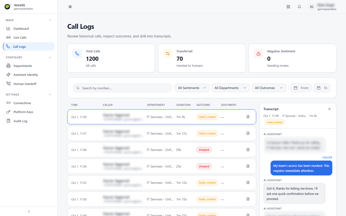 Transcript panel open beside the call log, showing the call time, Department, duration, and outcome, followed by alternating AI Assistant and Caller messages
