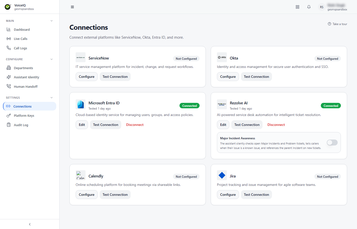 Connections page showing integration cards for ServiceNow, Okta, Microsoft Entra ID, Rezolve AI, Calendly, and Jira, each with its status and Configure or Test Connection buttons