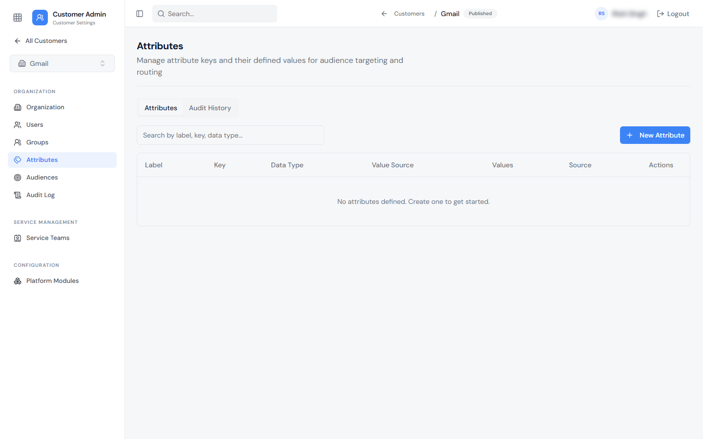 Customer Attributes page inside a Customer's settings, with Attributes and Audit History tabs