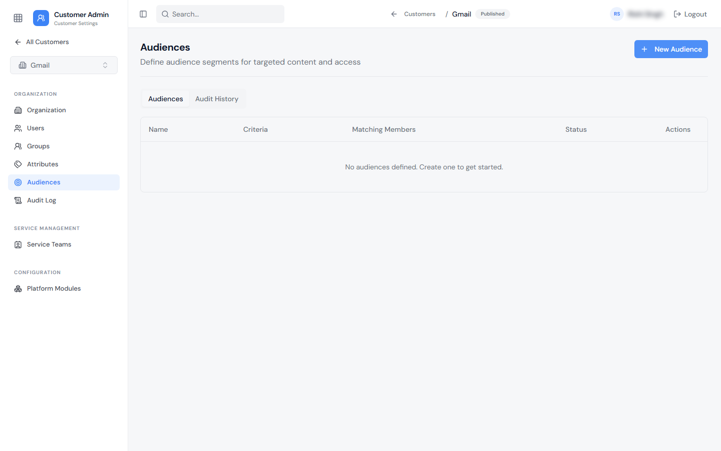 Customer Audiences page inside a Customer's settings, with Audiences and Audit History tabs