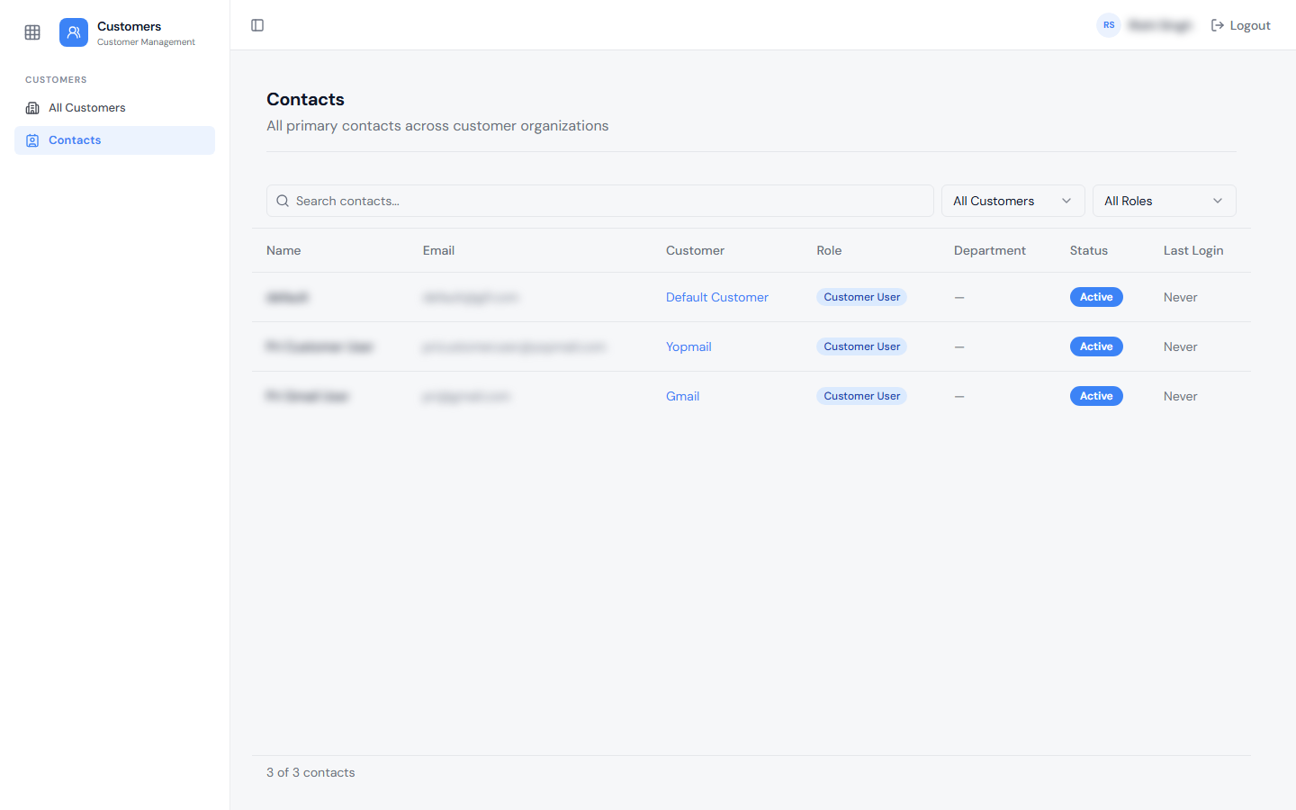 Contacts page under Customer Management