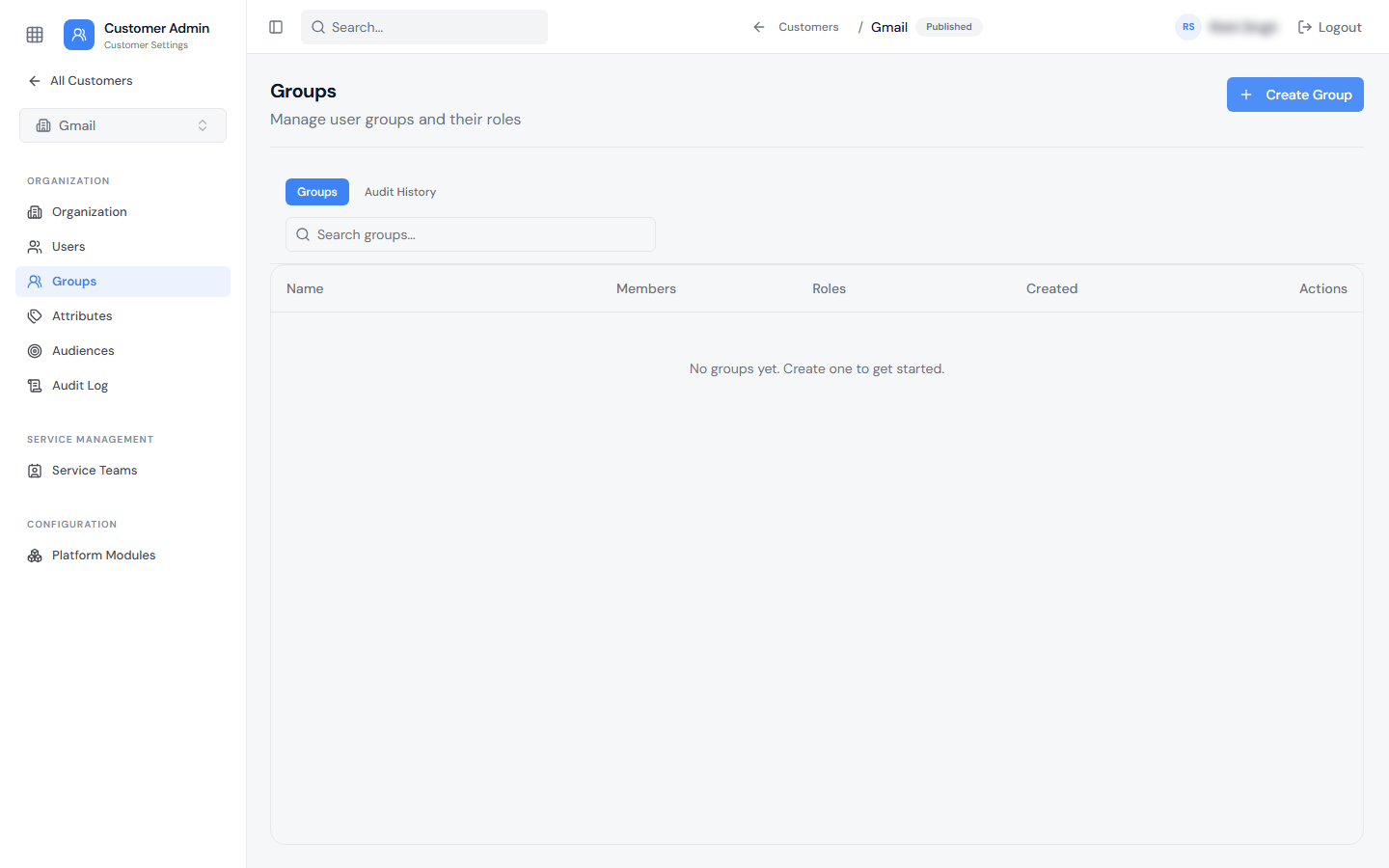 Customer Groups page inside a Customer's settings, showing the Customer switcher and the Organization, Service Management, and Configuration sidebar sections