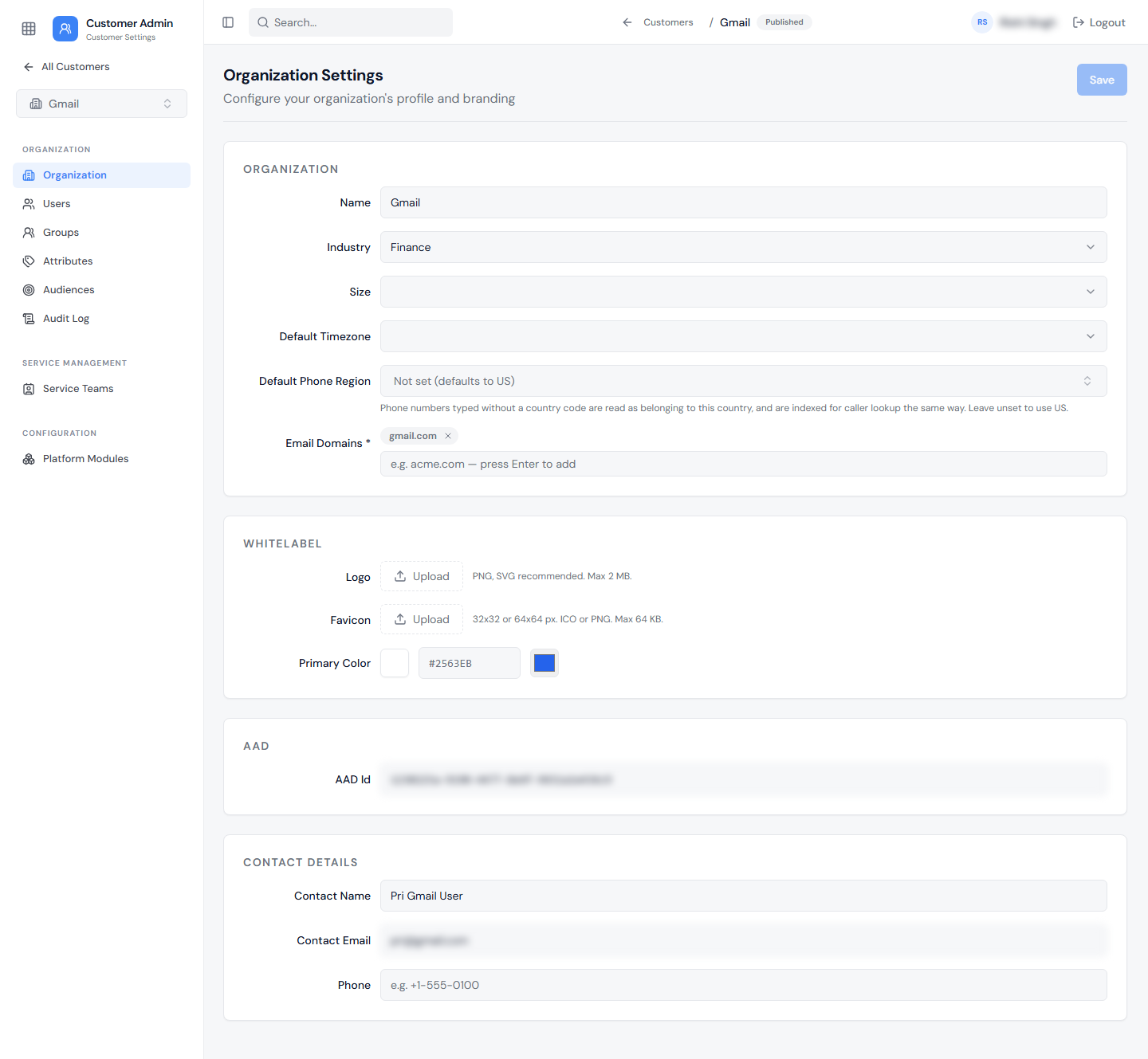 Customer Organization Settings page showing Name, Industry, Size, Default Timezone, Default Phone Region, and Email Domains, followed by Whitelabel, AAD, and Contact Details sections