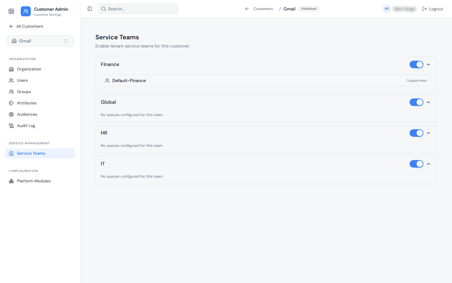 Customer Service Teams page listing the Service Teams available to the Customer