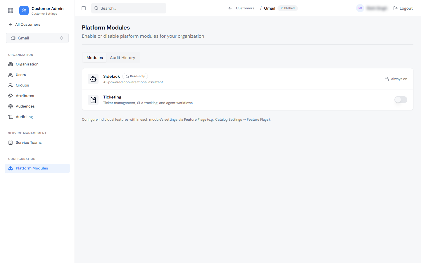 Customer Platform Modules page listing the modules that can be enabled for the Customer