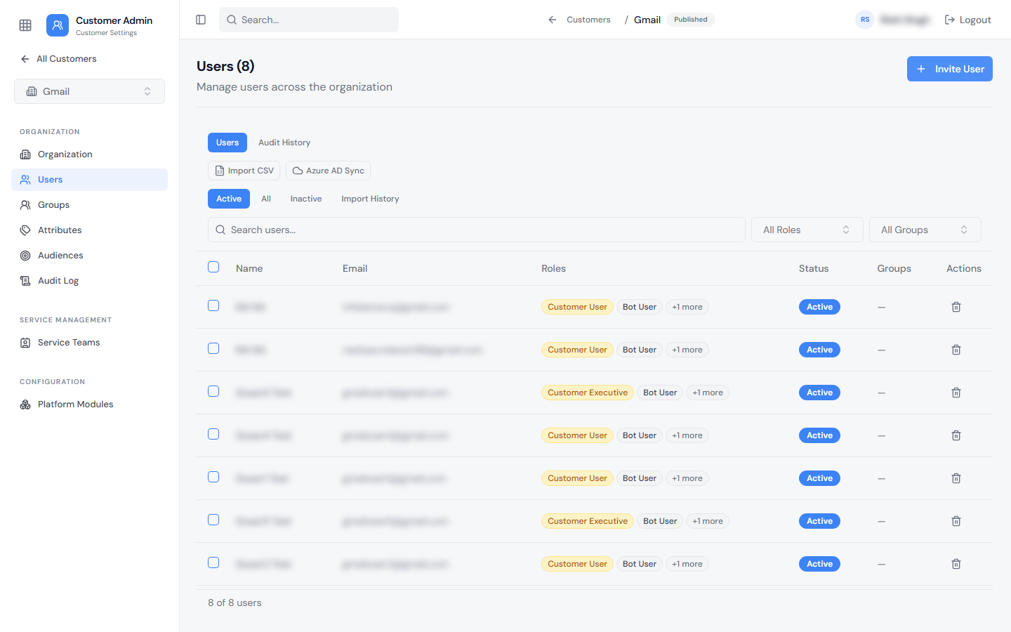 Customer Users page with Invite User, Import CSV, and Azure AD Sync options, Active, All, Inactive, and Import History filters, and a user table showing Name, Email, Roles such as Customer User and Customer Executive, Status, and Groups