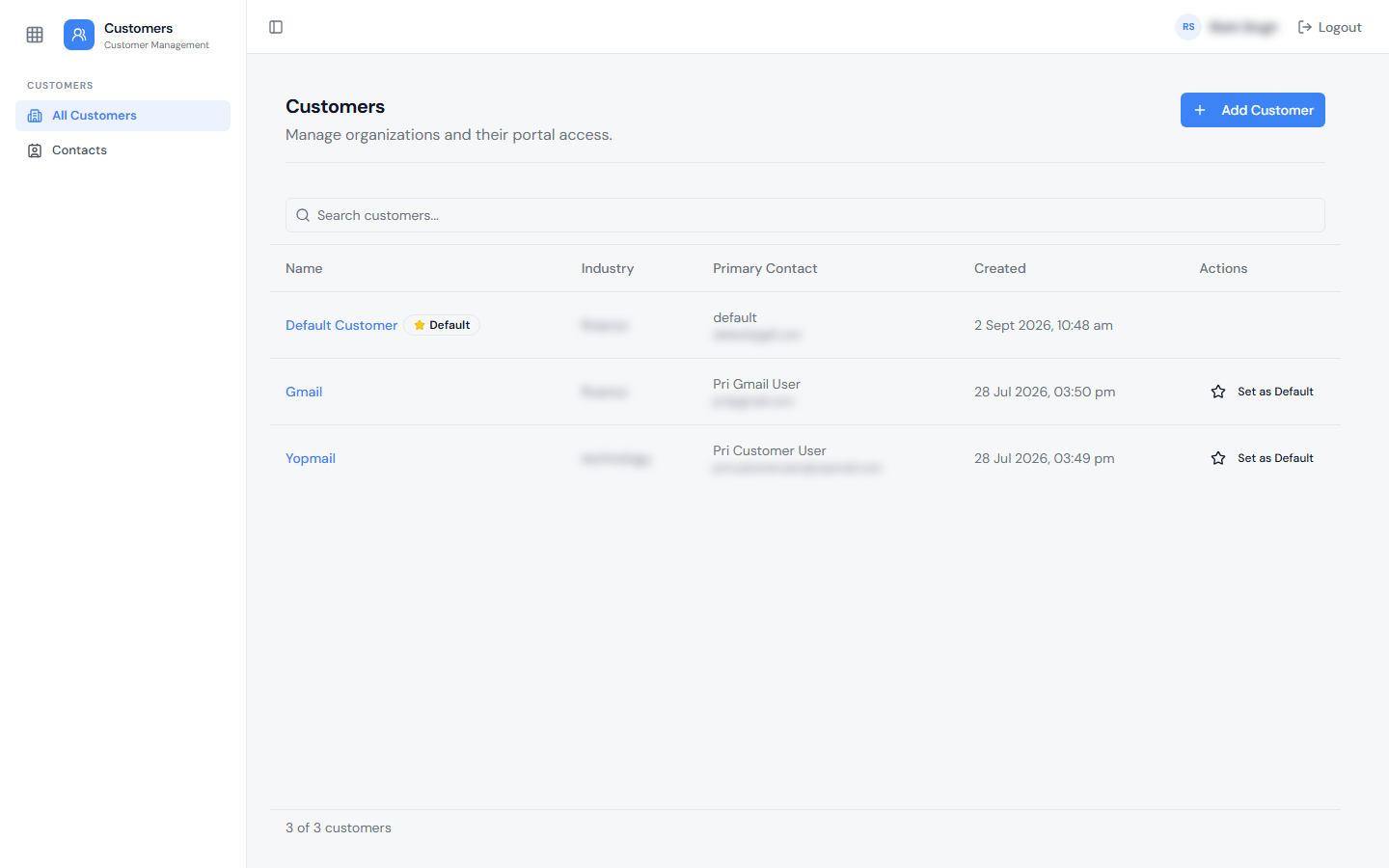 Customers list showing the Default Customer and other Customers with Industry, Primary Contact, Created, and Set as Default actions, and an Add Customer button