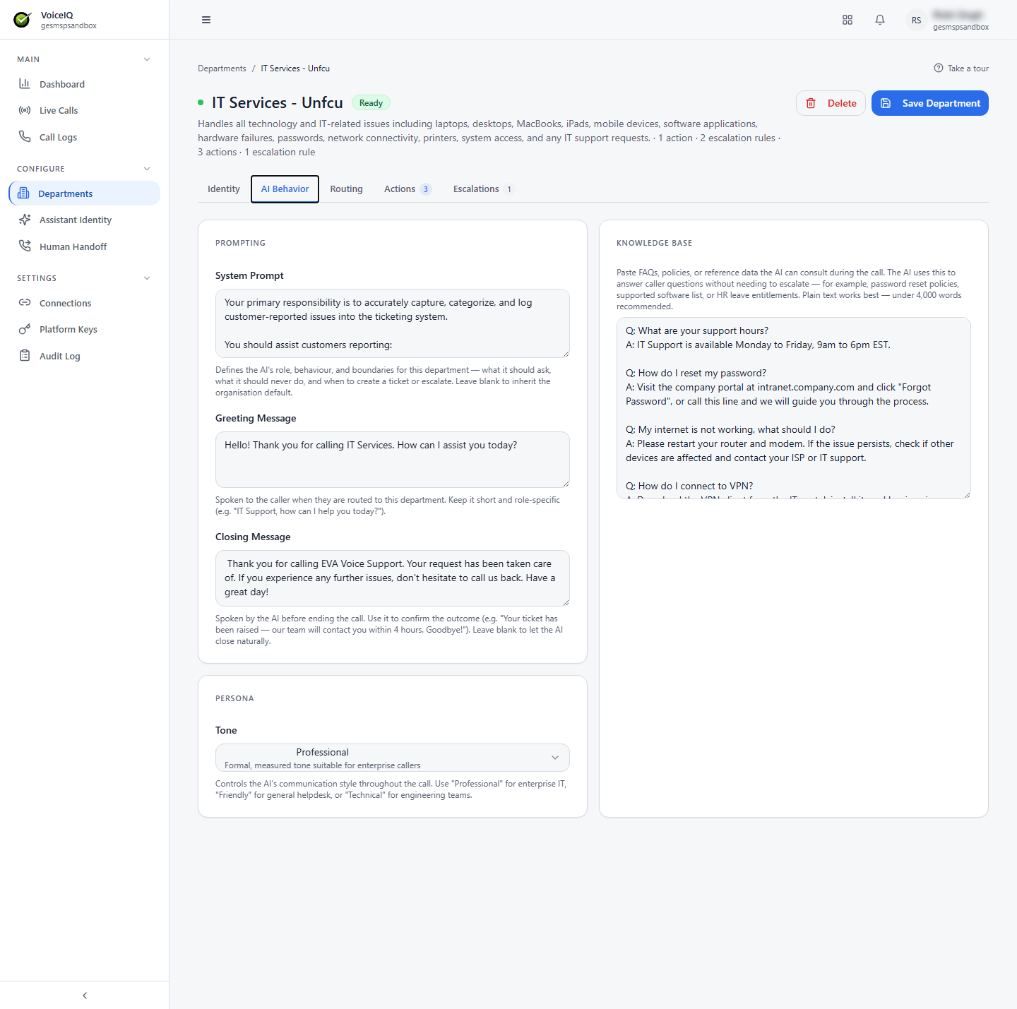 AI Behavior tab showing the Prompting section (System Prompt, Greeting Message, Closing Message), the Persona section with Tone, and the Knowledge Base panel
