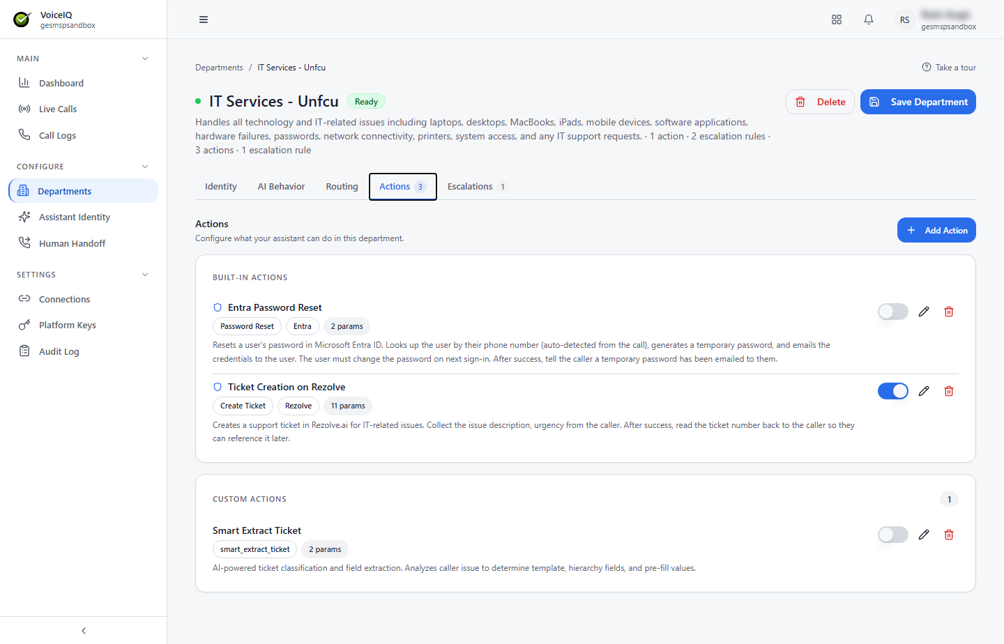 Actions tab listing the Built-in Actions and Custom Actions configured for the Department