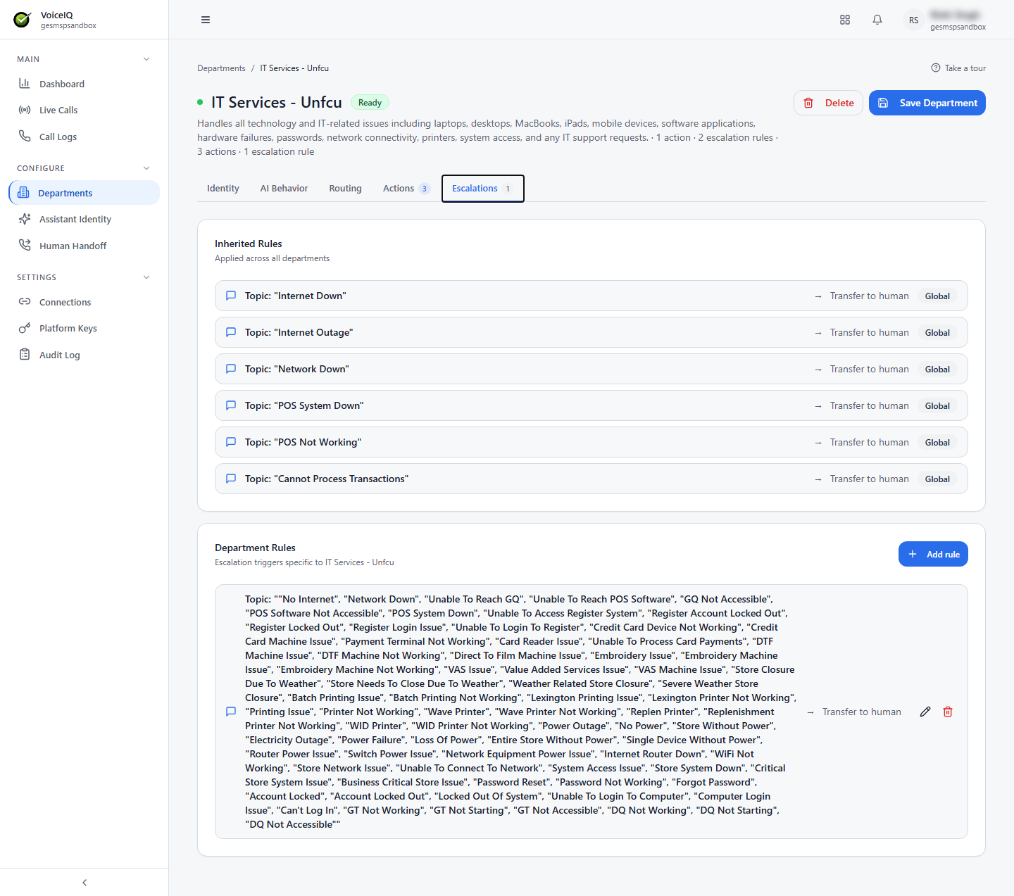Escalations tab showing Inherited Rules applied across all Departments and Department Rules with an Add rule button
