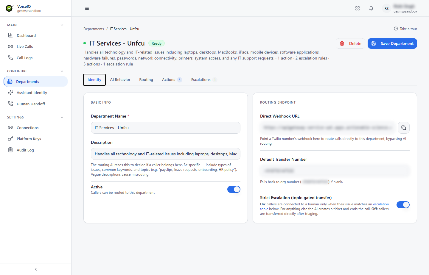 Department detail page with the Identity tab selected