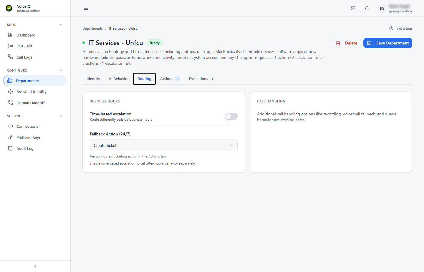 Routing tab showing the Business Hours section with the Time-based escalation toggle and the Fallback Action (24/7) dropdown