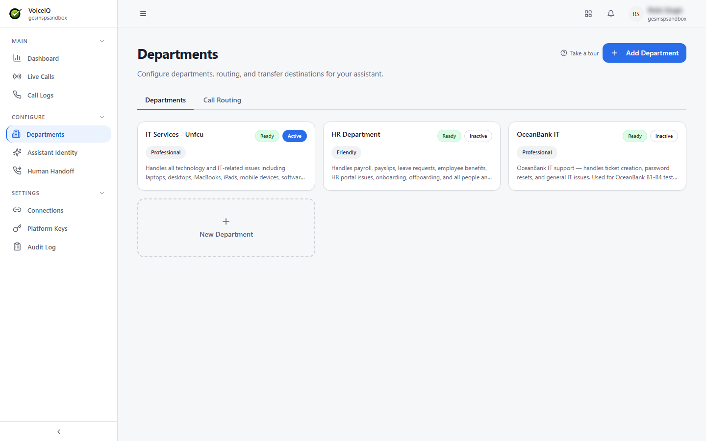 Departments page showing Department cards with Ready and Active/Inactive badges, tone labels, descriptions, and a New Department card