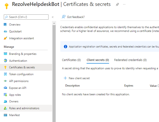 Certificates &amp; Secrets