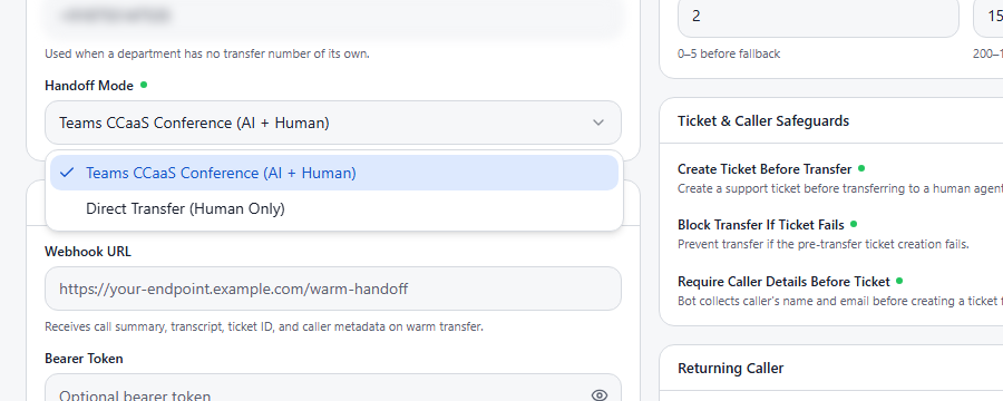 Handoff Mode dropdown open, showing Teams CCaaS Conference (AI + Human) and Direct Transfer (Human Only)