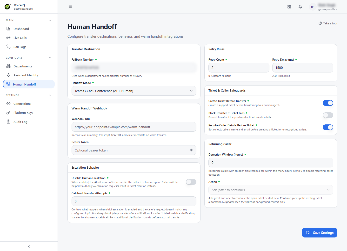 Human Handoff page showing the Transfer Destination, Handoff Mode, Warm Handoff Webhook, Escalation Behavior, Retry Rules, Ticket &amp; Caller Safeguards, and Returning Caller sections