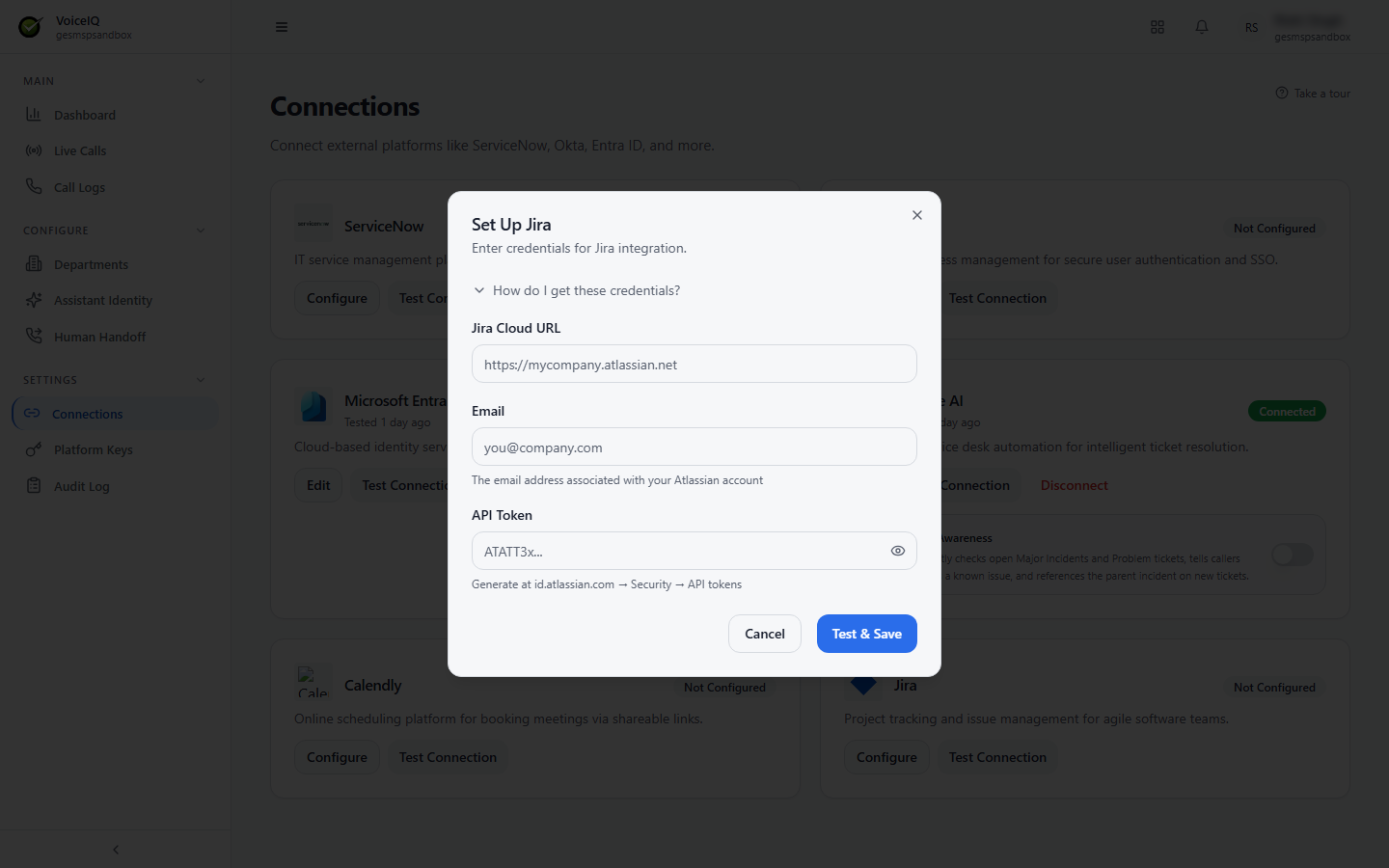 Set Up Jira dialog with Jira Cloud URL, Email, and API Token fields and Cancel and Test &amp; Save buttons