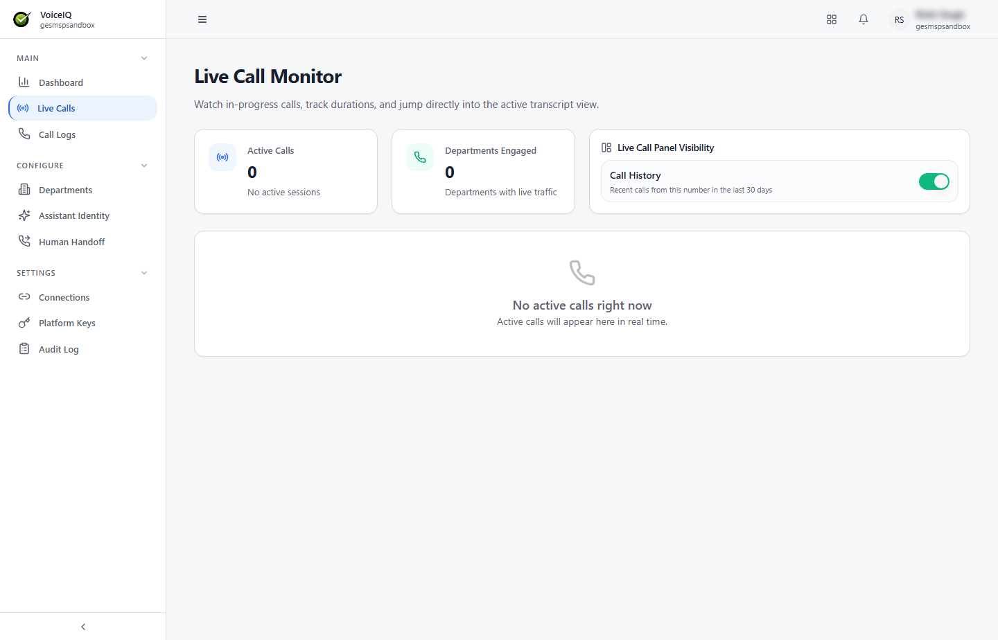Live Call Monitor showing the Active Calls and Departments Engaged KPI cards, the Live Call Panel Visibility setting, and the empty state when no calls are in progress