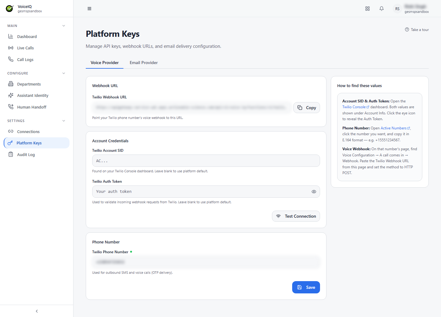 Voice Provider tab showing the Twilio Webhook URL with a Copy button, Account Credentials, Twilio Phone Number, and a How to find these values panel