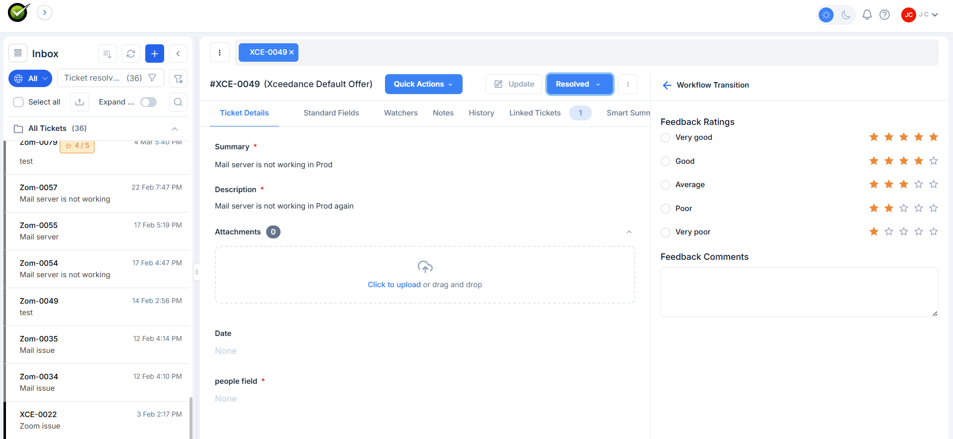 Portal Feedback panel showing Feedback Ratings (Very good / Good / Average / Poor / Very poor on a 5-star scale) and a Feedback Comments text area, opened from a resolved ticket