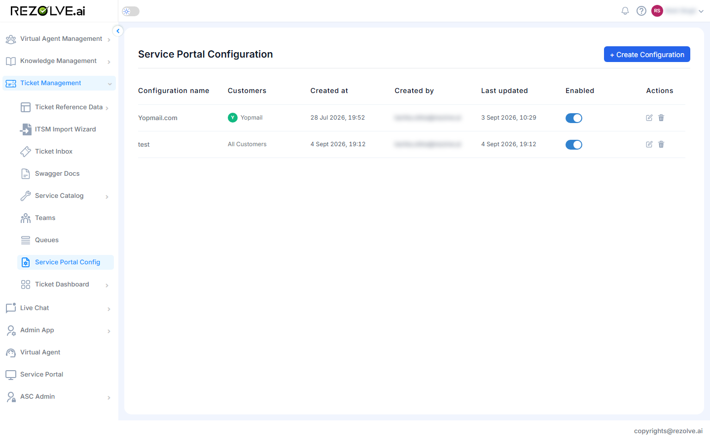 Service Portal Configuration list showing Configuration name, Customers, Created at, Created by, Last updated, an Enabled toggle, and edit and delete actions, with a Create Configuration button