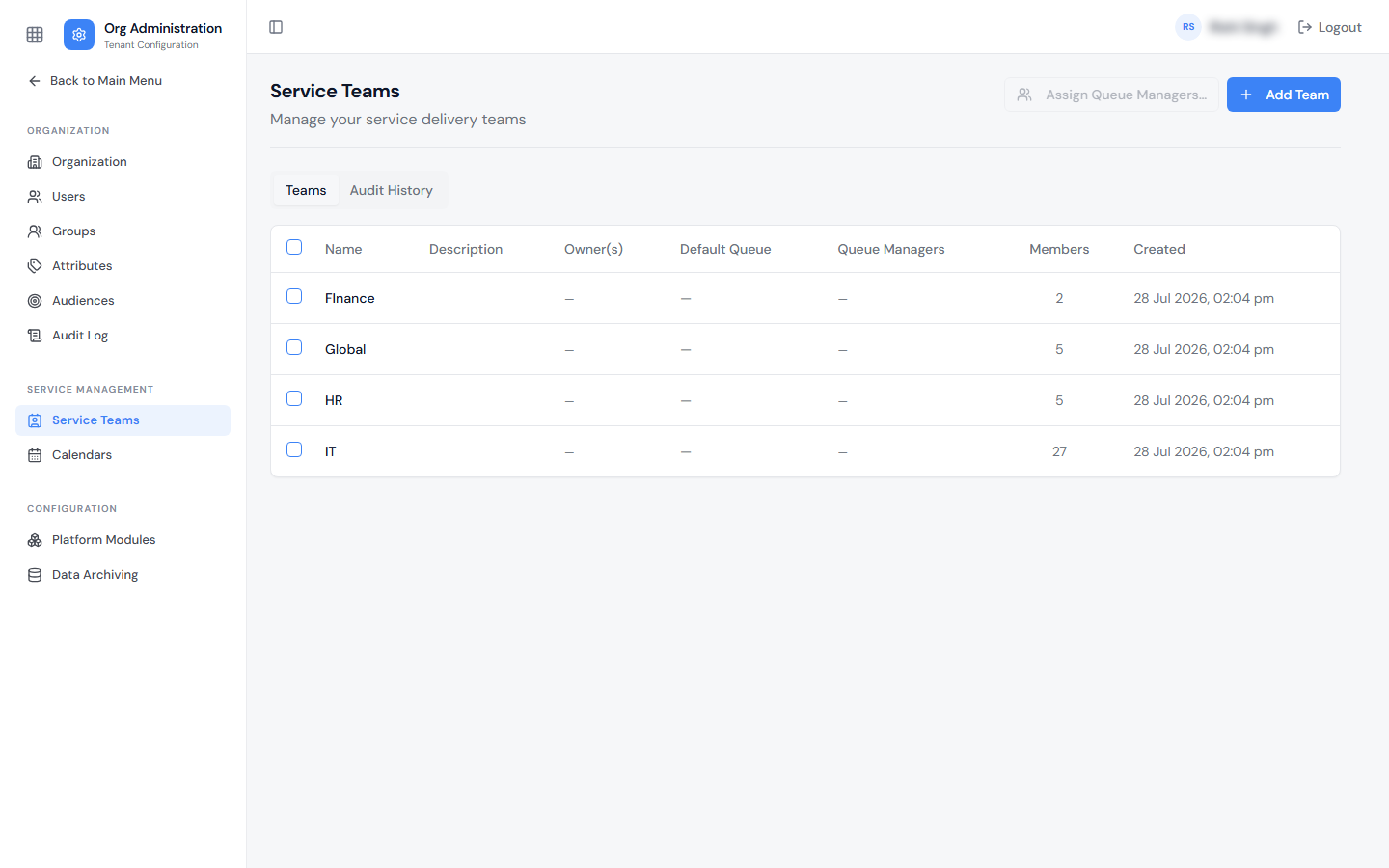 Service Teams page under Org Administration listing teams with Owners, Default Queue, Queue Managers, and Members