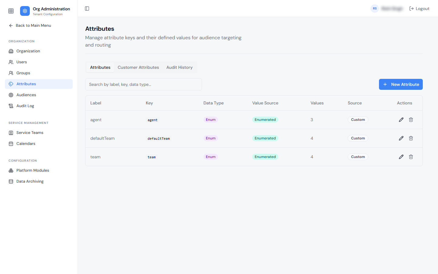 Tenant-level Attributes page showing attribute Label, Key, Data Type, Value Source, and Values, with Attributes, Customer Attributes, and Audit History tabs