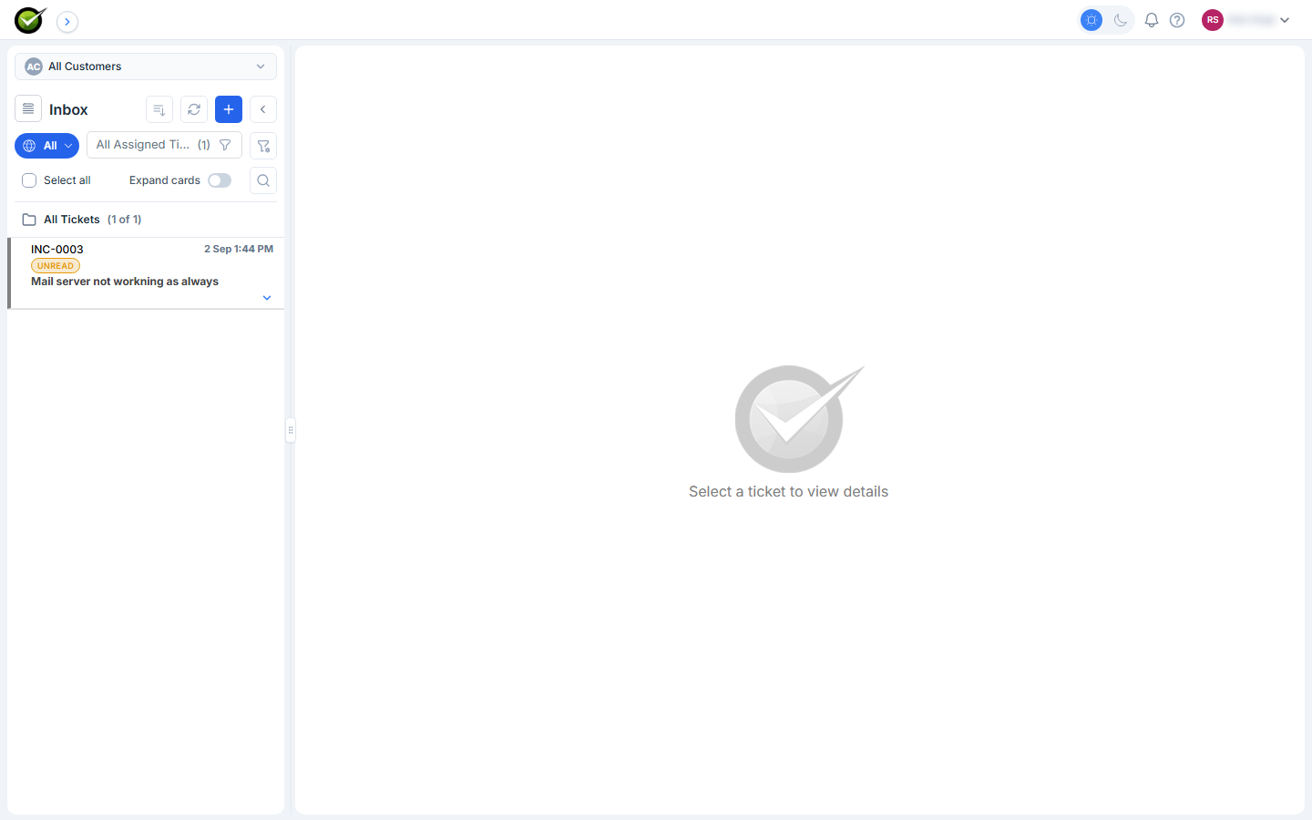 Agent UI Ticket Inbox with the Customer selector at the top of the ticket list