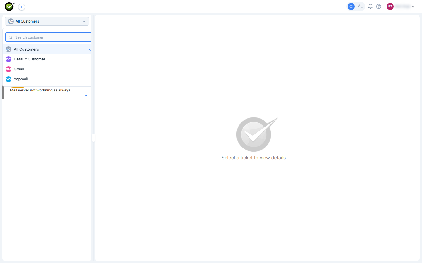 Customer dropdown open on the Agent UI, with a Search customer box and options for All Customers, Default Customer, and each Customer