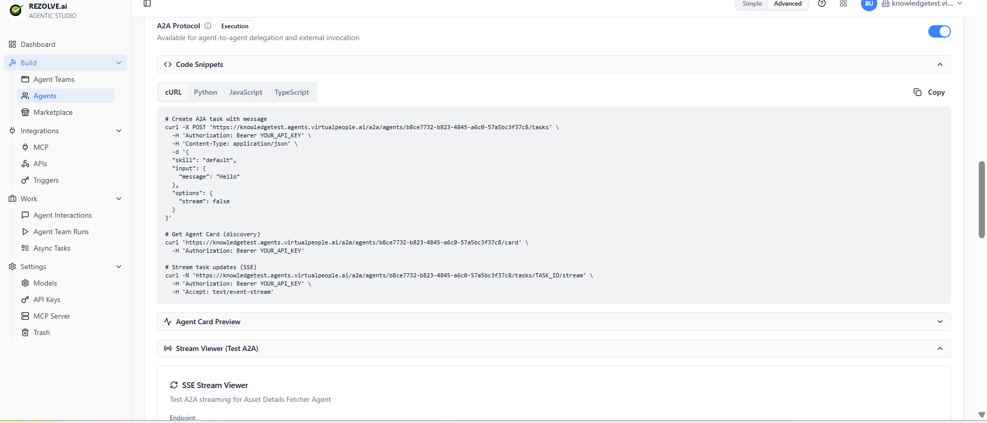 Agent Deploy → A2A Protocol section: code snippets in multiple languages, Agent Card preview, SSE Stream Viewer