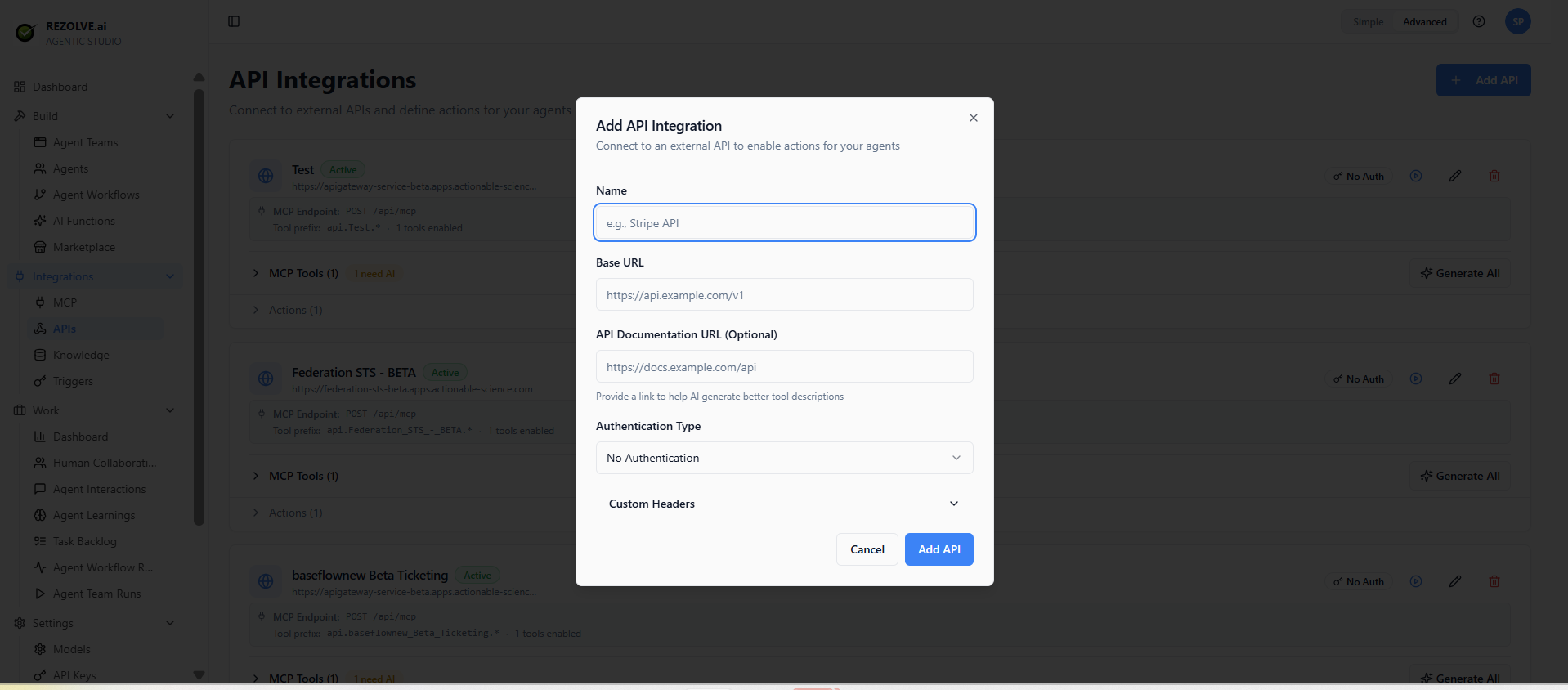 Add API Integration dialog: name, Base URL, API Documentation URL, Authentication Type picker, Custom Headers
