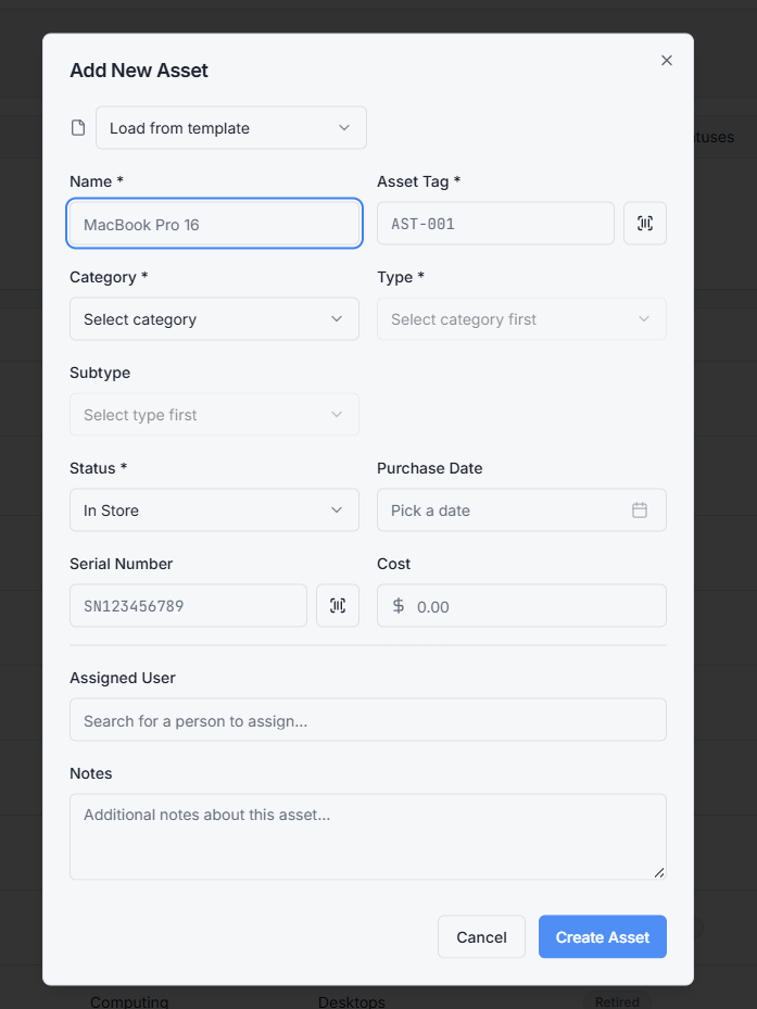 Add New Asset dialog with Name, Asset Tag, Category, Type, Subtype, Status, Purchase Date, Serial Number, Cost, Assigned User, and Notes fields