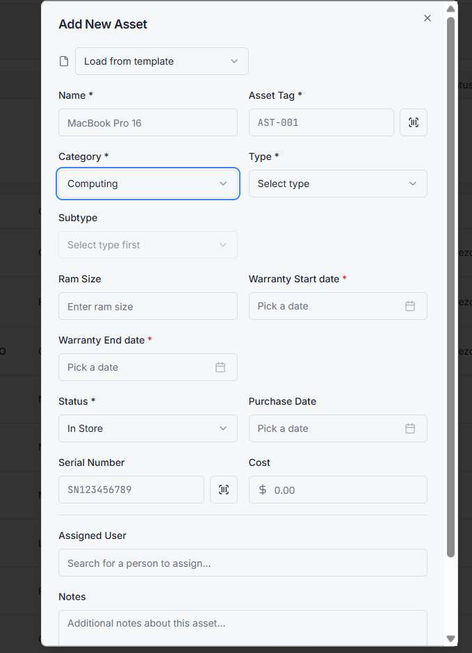 Add New Asset form with the Computing category selected, showing the standard fields plus category-specific custom fields (Ram Size, Warranty Start date, Warranty End date)