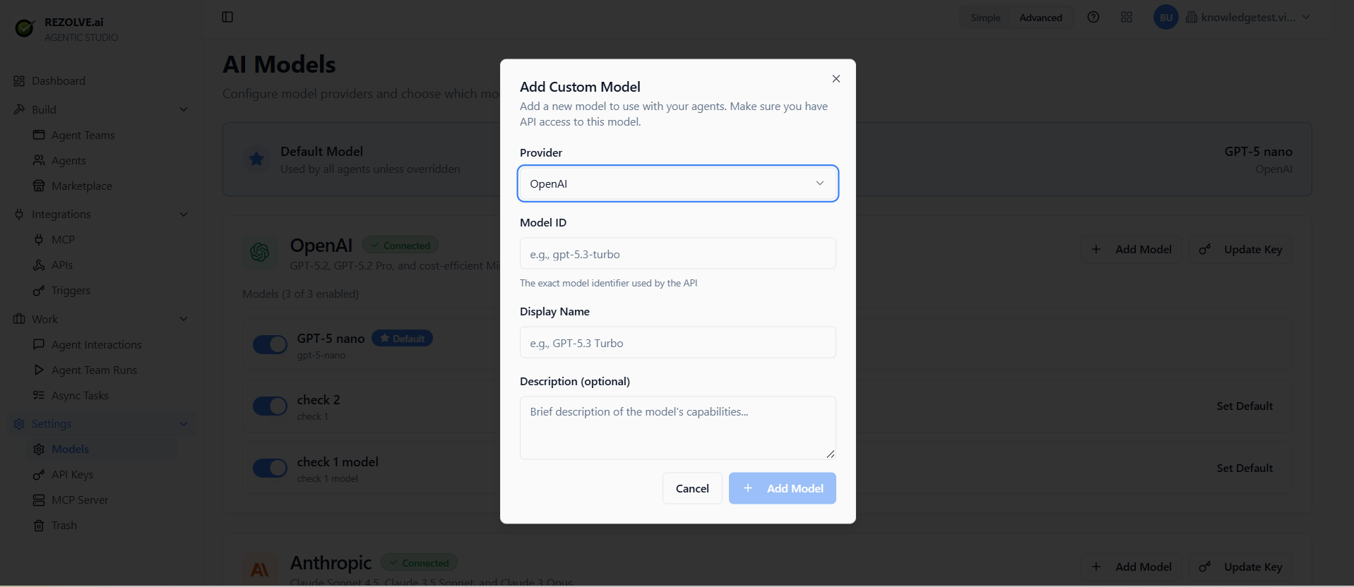 Add Custom Model dialog: provider picker, Model ID, Display Name, Description