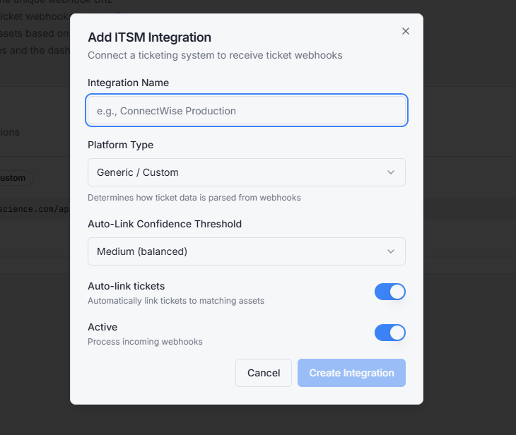 Add ITSM Integration dialog with Integration Name, Platform Type picker (Generic / Custom), Auto-Link Confidence Threshold, Auto-link tickets toggle, and Active toggle