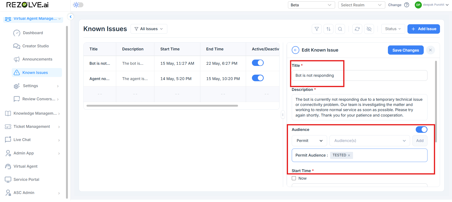 Known Issues page with the Edit Known Issue drawer open on the right, showing Title field, Description, Audience set to Permit with a chip "TESTED", and the Start Time section with a Now checkbox