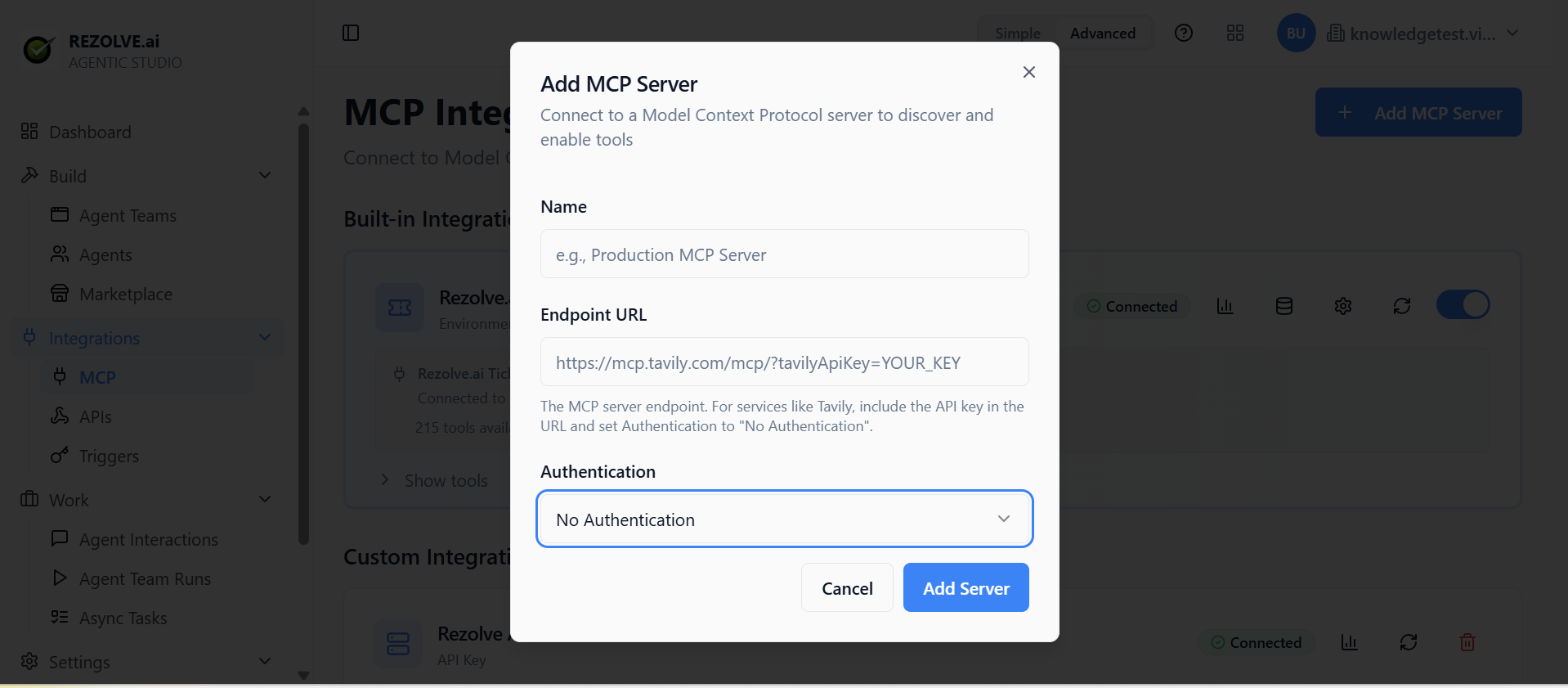 Add MCP Server dialog: name, endpoint URL, authentication picker
