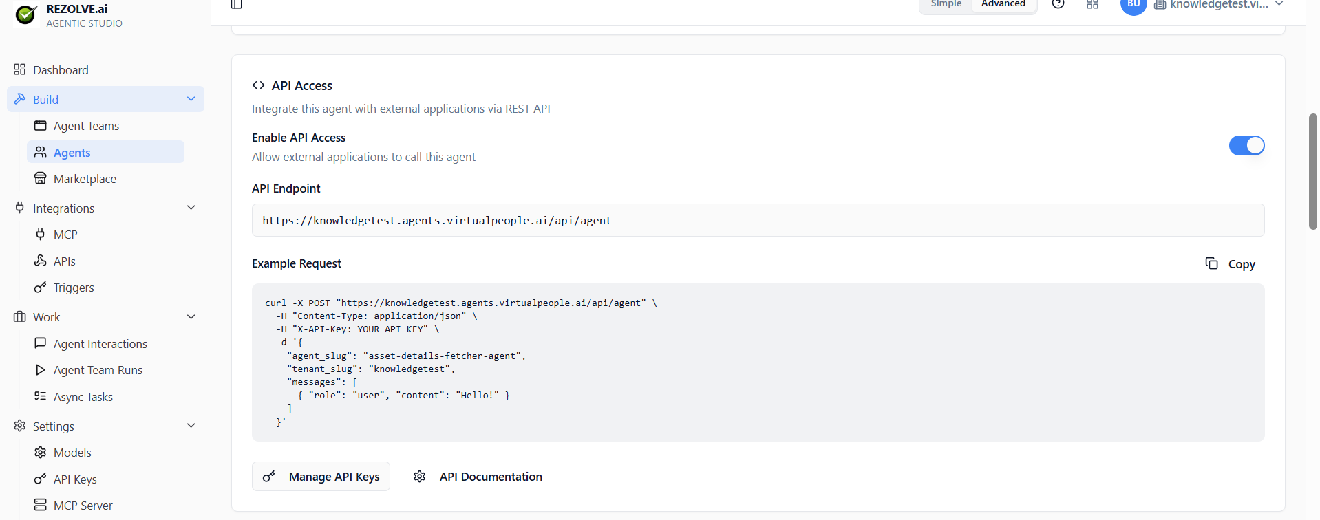 Agent Deploy tab → API Access: enable toggle, API Endpoint URL, example curl request, Manage API Keys / API Documentation buttons