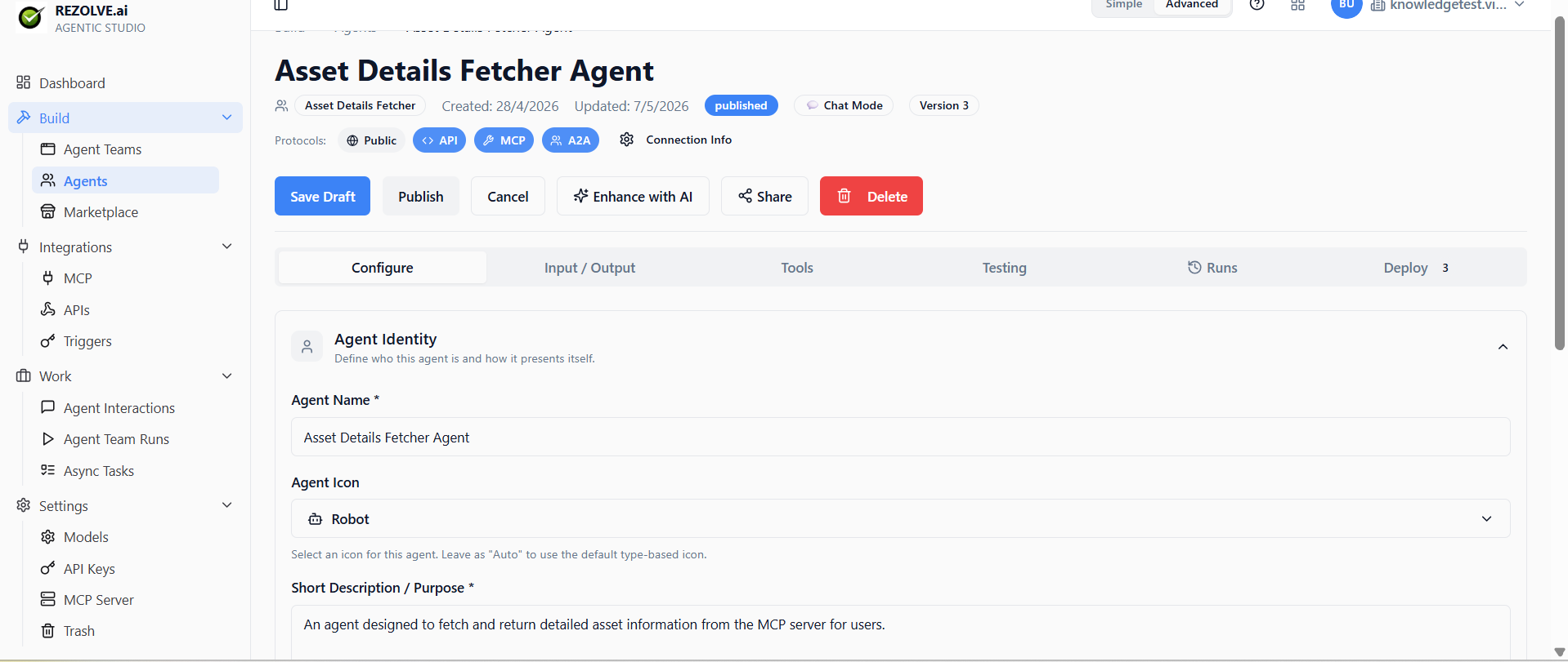 Agent editor header with tabs (Configure, Input/Output, Tools, Testing, Runs, Deploy) and protocol badges (Public, API, MCP, A2A)