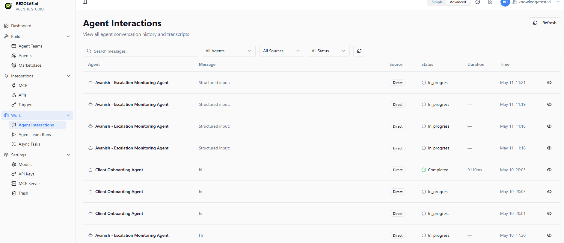 Agent Interactions list with search, agent / source / status filters, and per-row status badges