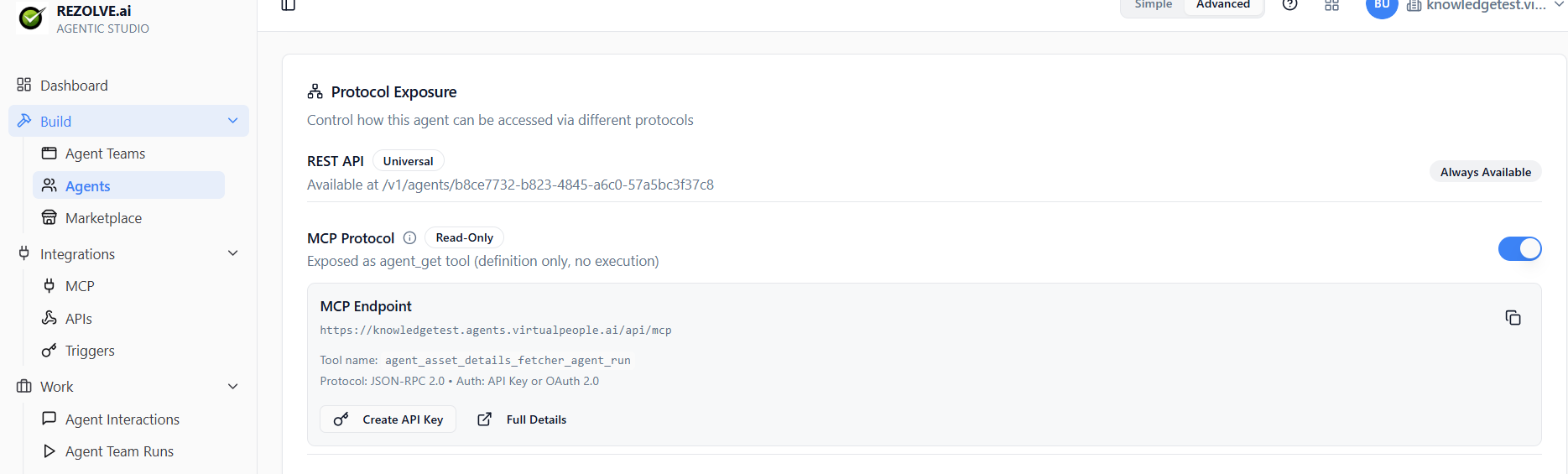 Agent Deploy tab → Protocol Exposure section: REST API (always available), MCP Protocol toggle, MCP Endpoint URL, tool name
