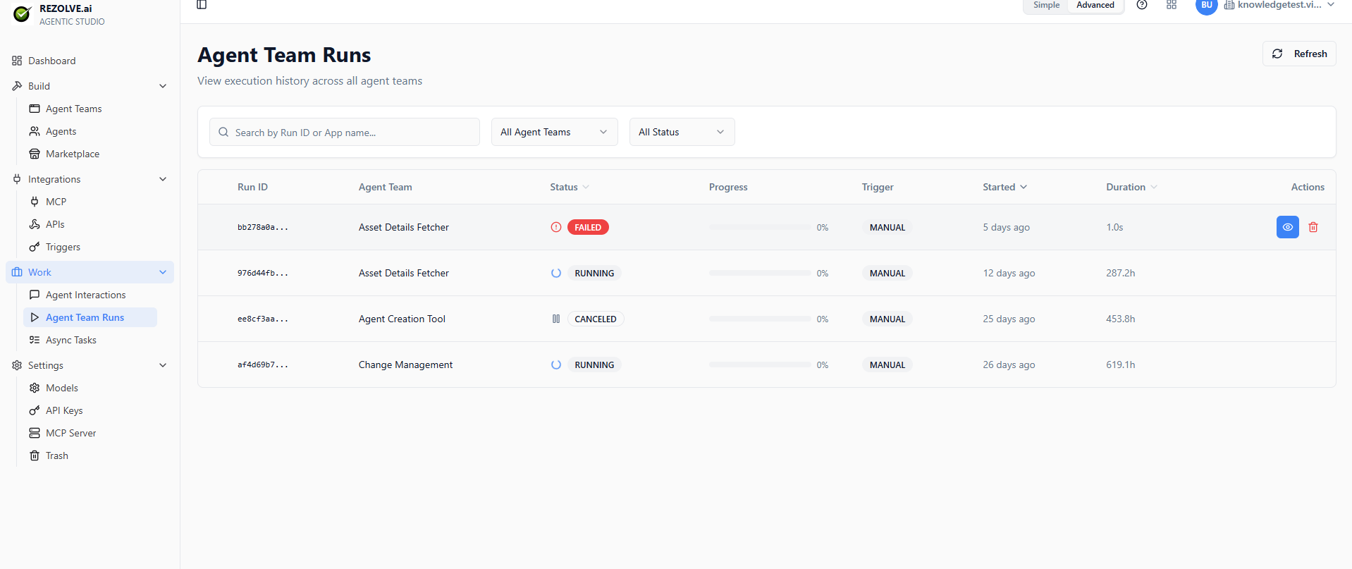 Agent Team Runs list: Run ID, team name, status, progress, trigger, started, duration