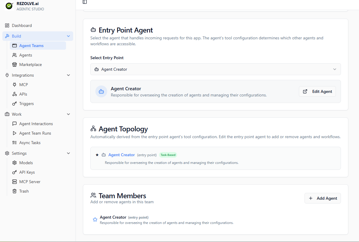 Agent team page: Entry Point Agent picker, Agent Topology tree, Team Members list