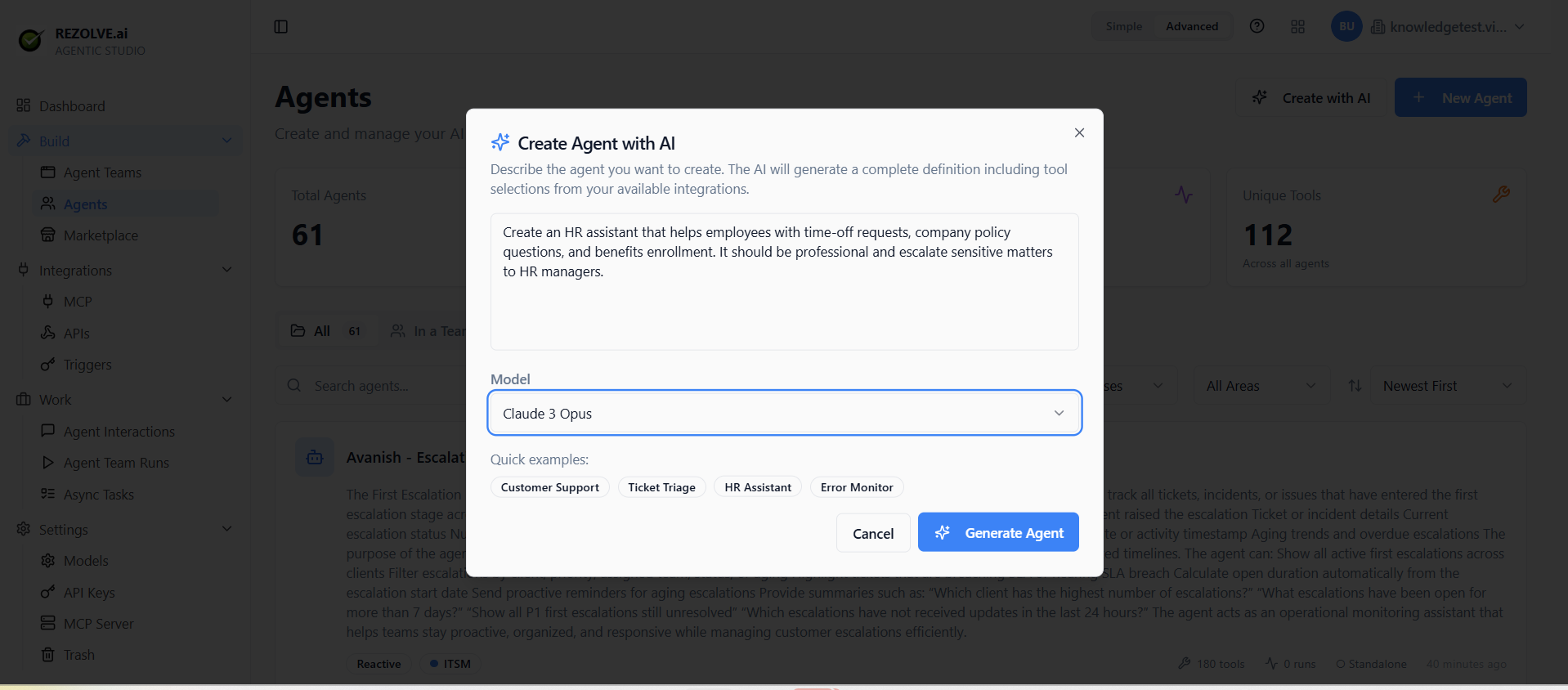 Create Agent with AI dialog showing prompt and quick-start templates