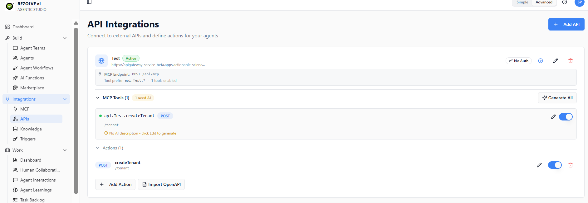 API Integrations list showing a configured API with MCP Tools and Actions, Generate AI descriptions, Add Action / Import OpenAPI