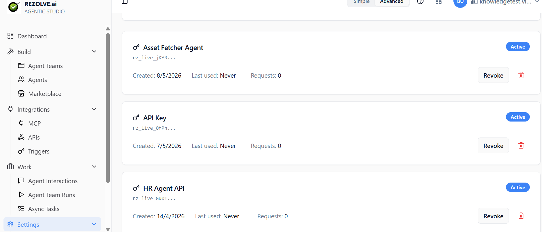 API Keys list with masked prefixes, last-used and request-count, Active status badge, Revoke action